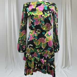 Saloni Felicia Dress Silk Crepe Hydrangea Floral Tiered Ruffle Mini US 0 UK 4‎